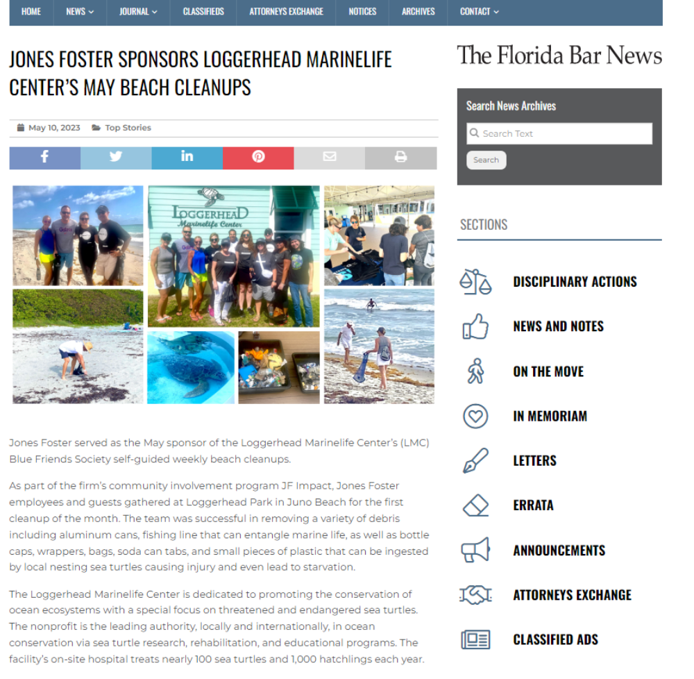 Jones Foster Sponsors Loggerhead Marinelife Centers May Beach Cleanups Florida Bar News